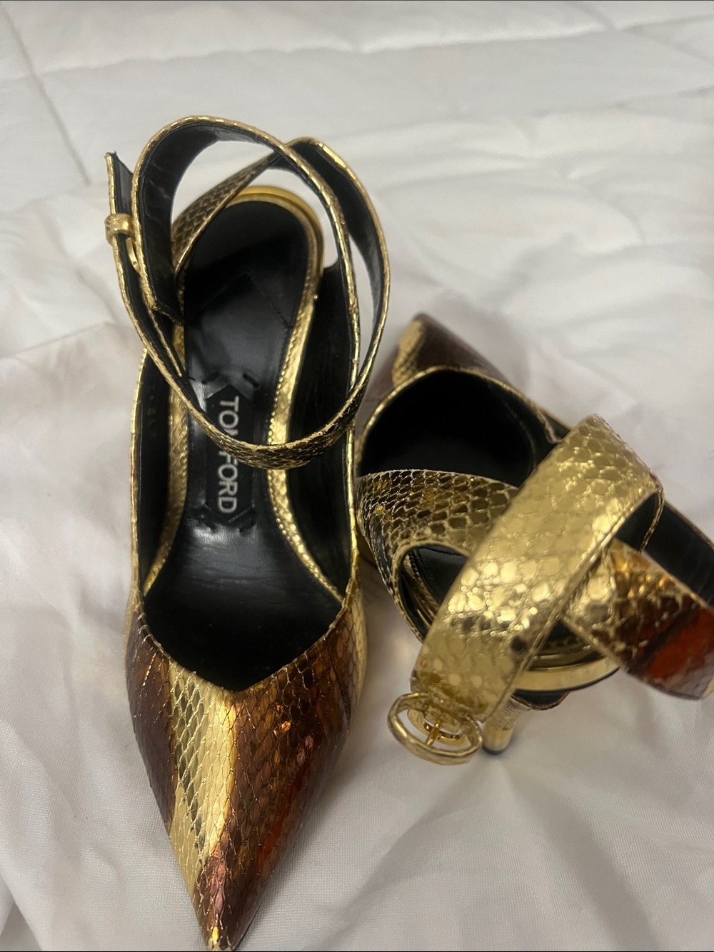 Tom Ford Metallic Gold and Brown Snakeskin Ankle-Strap Pumps